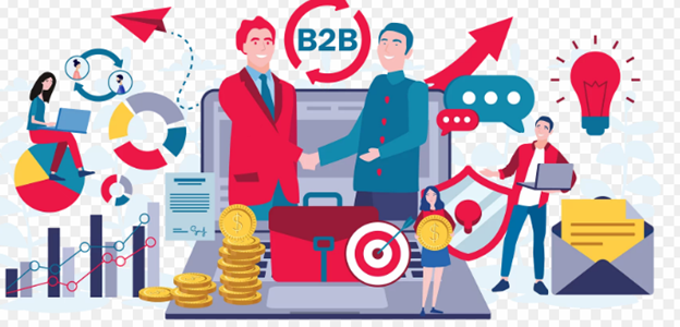 Illustration of two businesspeople shaking hands over a laptop with B2B charts coins and analytics icons