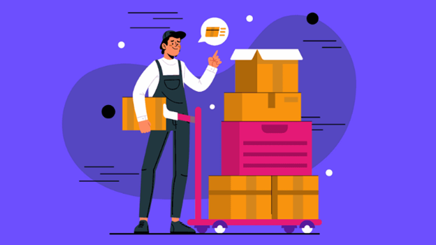 Isometric illustration of parcels moving through a warehouse