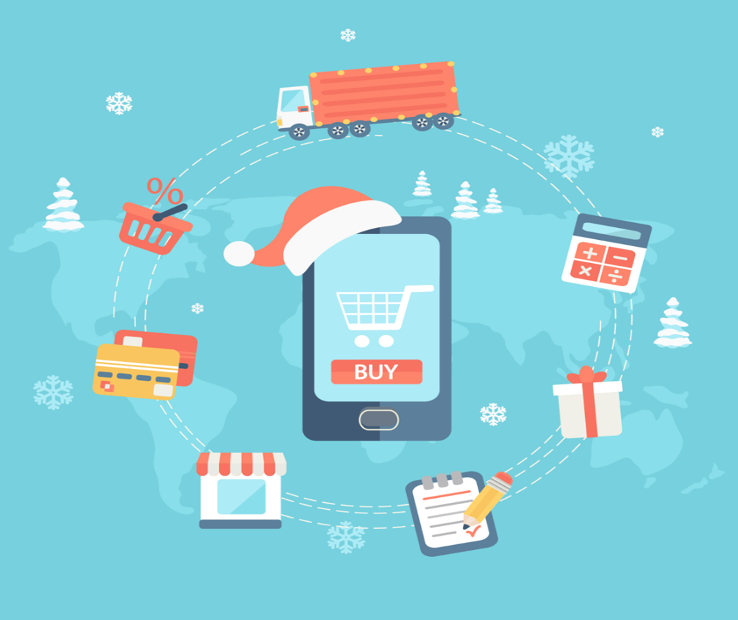Holiday shopping illustration with a Santa-hatted phone showing a Buy button ringed by delivery and payment icons