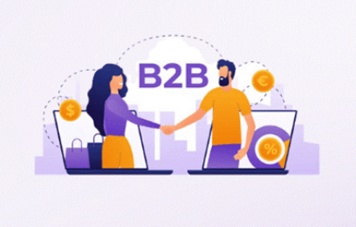 Illustration of two business partners shaking hands across laptops representing B2B trade