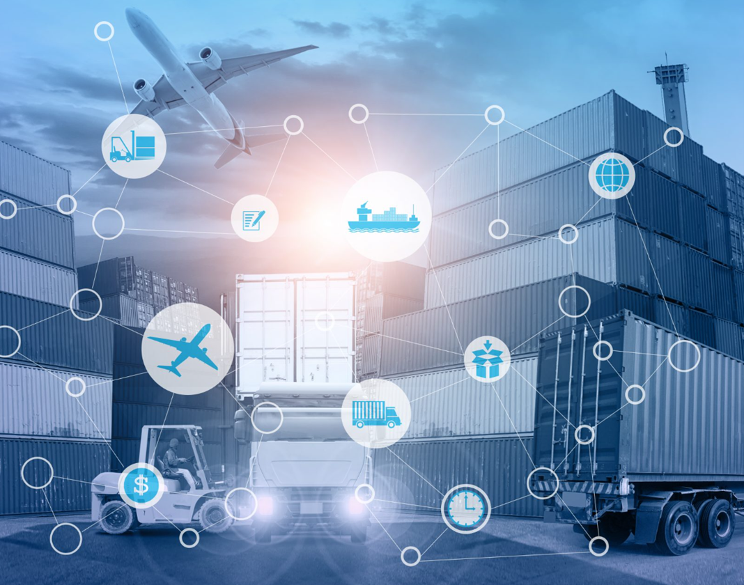 Stacked shipping containers and a truck overlaid with a connected network of freight, globe and clock icons