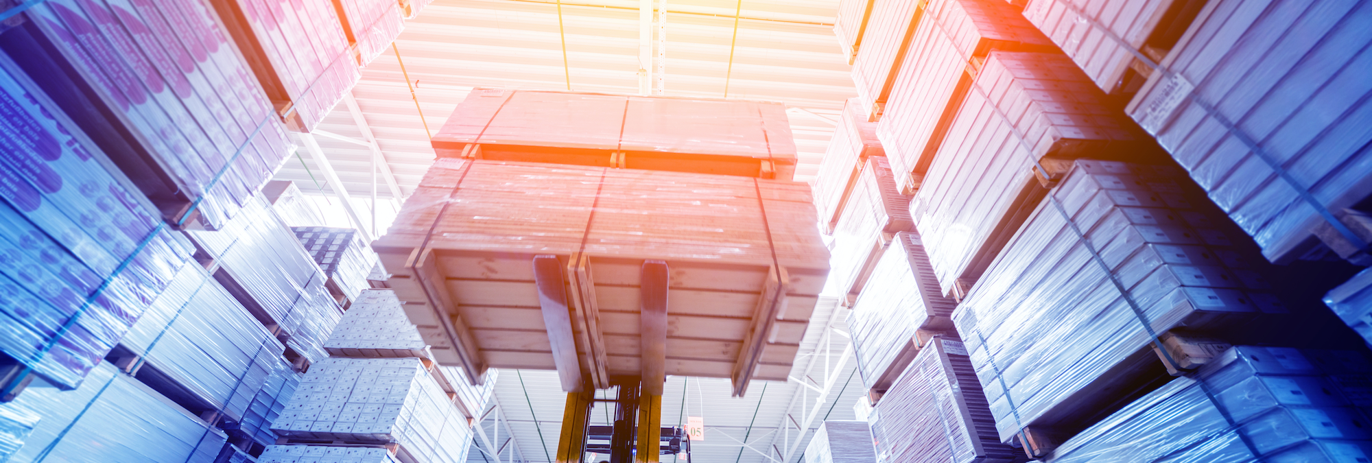 Forklift lifts full pallets off ground in Ontario warehouse