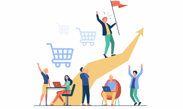 Rising growth graph with shoppers, illustrating distribution services for eCommerce supporting online retail growth