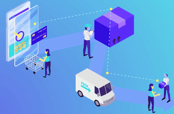 Isometric ecommerce illustration tracing an order from phone checkout to packing and van delivery