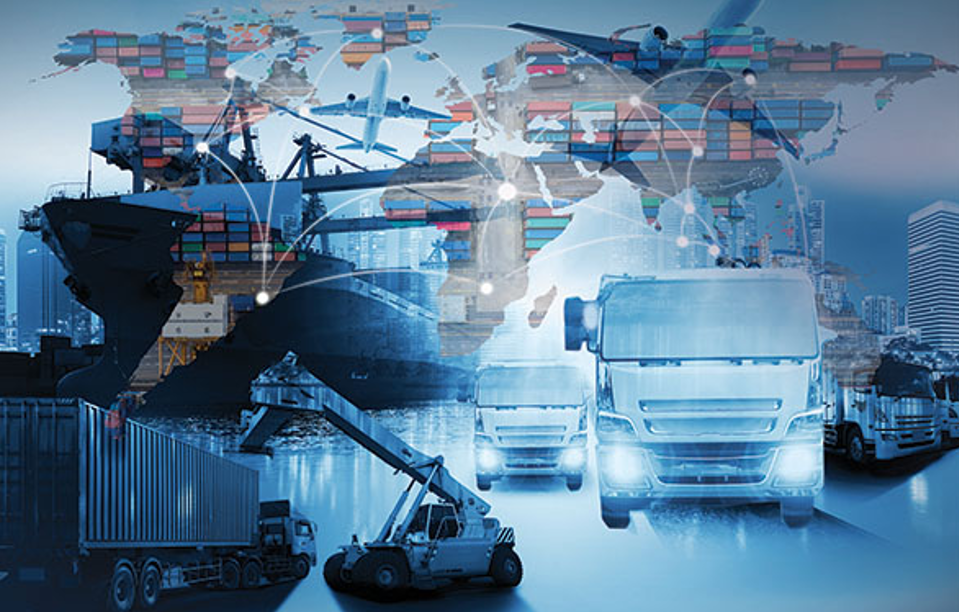 Composite image of container ships cargo planes and trucks over a world map