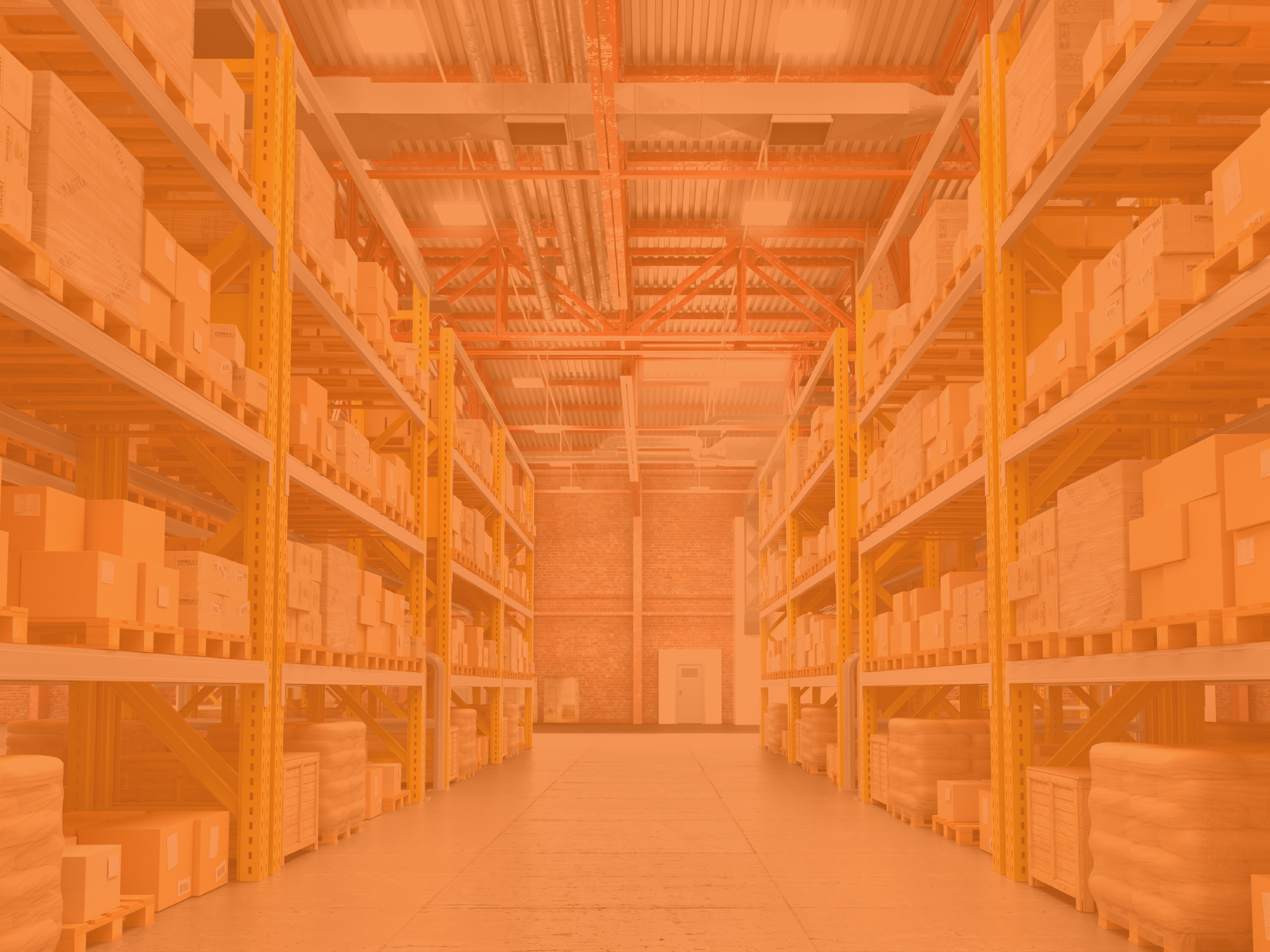Orange-toned aisle of pallet racking inside the KAIN Logistics warehouse