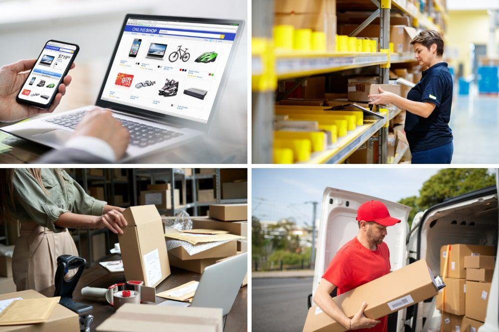 Four-part sequence: online ordering, picking from shelves, packing a carton and loading a delivery van