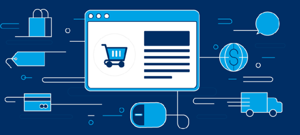 Line illustration of an online store window ringed by cart, payment, tag and delivery icons