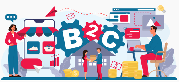 Illustration of B2C ecommerce showing a mobile storefront an online shopper and home parcel delivery