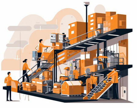 Illustration of warehouse staff sorting parcels along a two-level conveyor and mezzanine